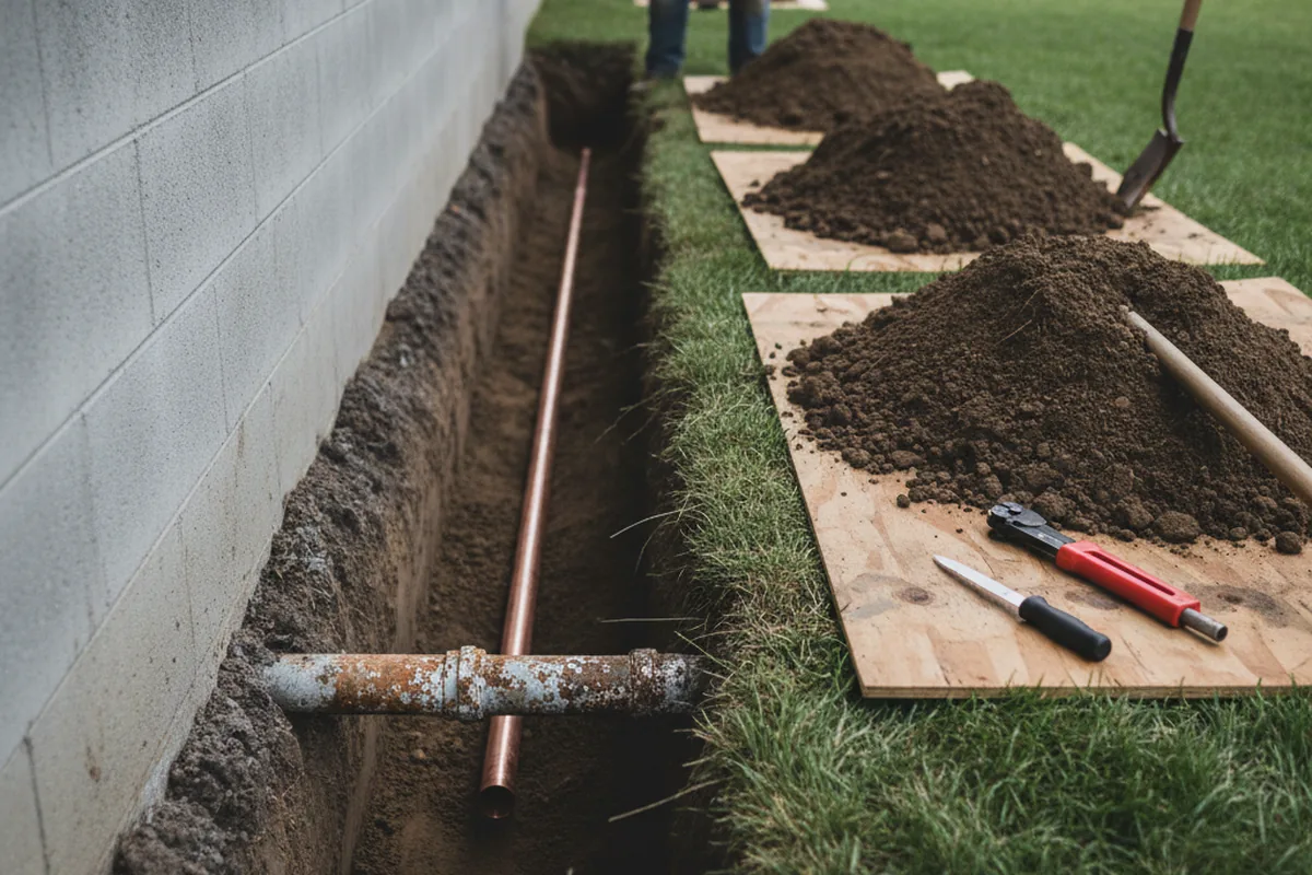 Excavated water line trench during Water Softener Installation in Arizona City